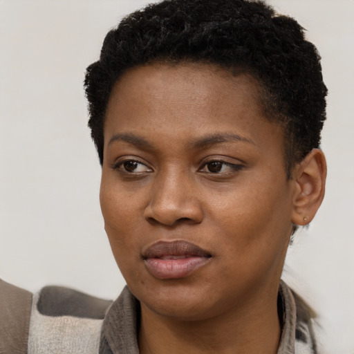Joyful black young-adult female with short  black hair and brown eyes
