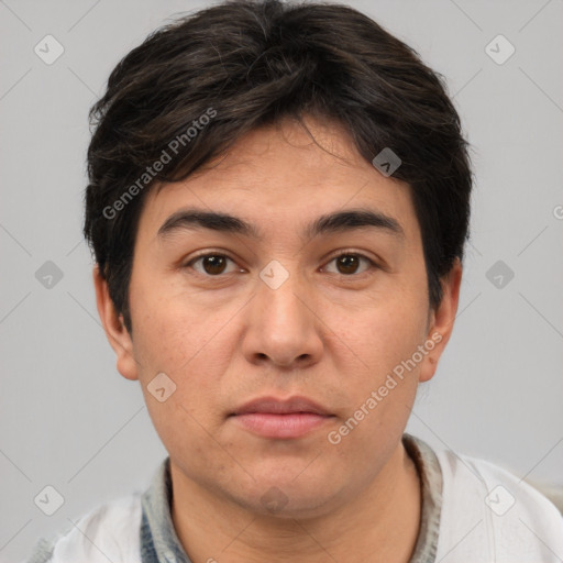 Neutral white young-adult male with short  brown hair and brown eyes
