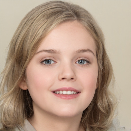 Joyful white child female with medium  brown hair and grey eyes