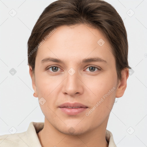 Joyful white young-adult female with short  brown hair and brown eyes