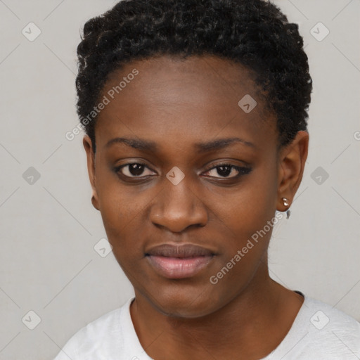 Neutral black young-adult female with short  black hair and brown eyes