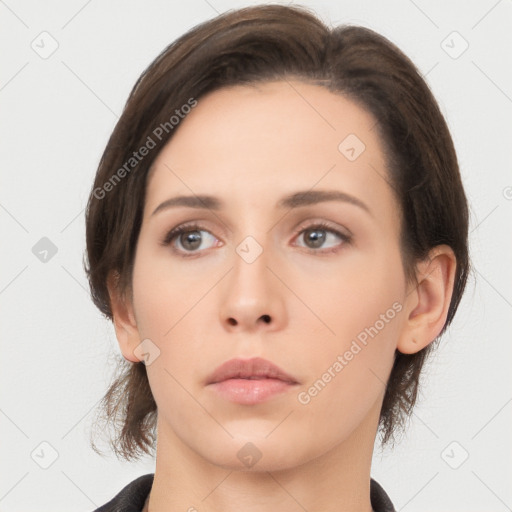 Neutral asian young-adult female with medium  brown hair and brown eyes