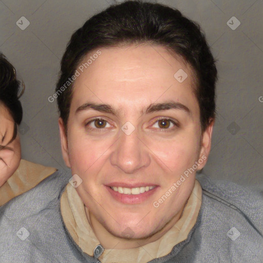 Joyful white adult female with short  brown hair and brown eyes