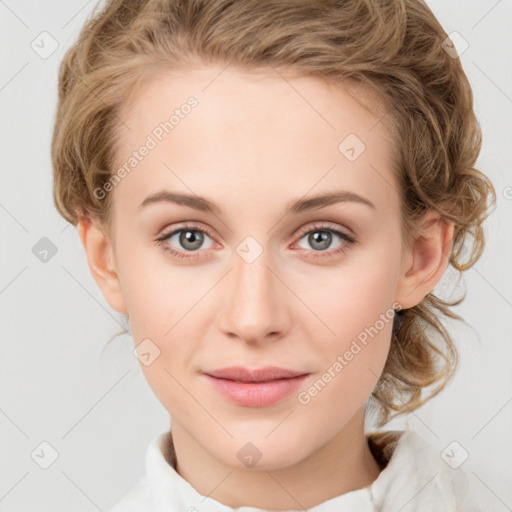 Joyful white young-adult female with medium  brown hair and green eyes