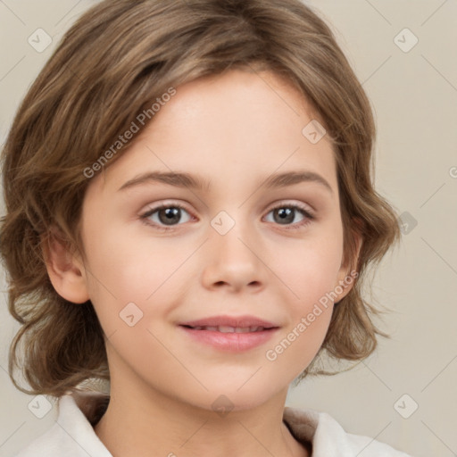 Joyful white child female with medium  brown hair and brown eyes