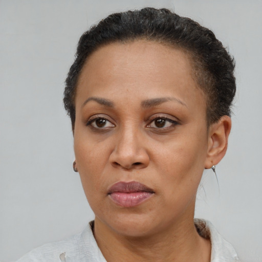 Neutral black adult female with short  brown hair and brown eyes