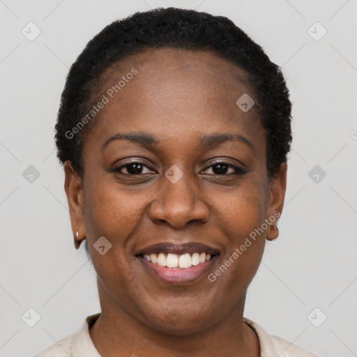 Joyful black young-adult female with short  black hair and brown eyes