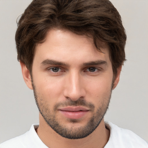 Neutral white young-adult male with short  brown hair and brown eyes