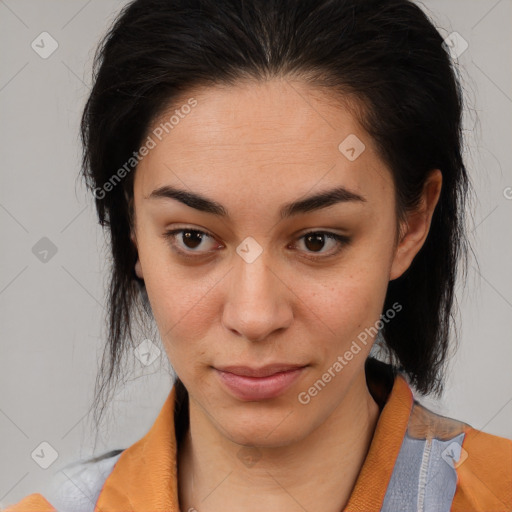 Joyful latino young-adult female with medium  brown hair and brown eyes