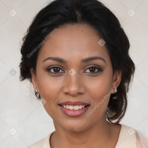 Joyful latino young-adult female with medium  brown hair and brown eyes