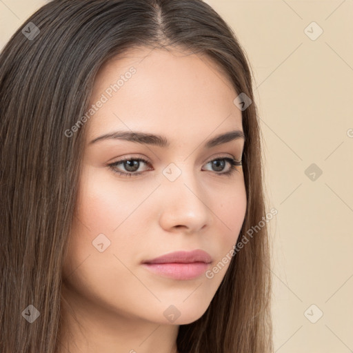 Neutral white young-adult female with long  brown hair and brown eyes