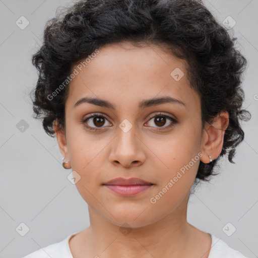 Neutral latino young-adult female with short  brown hair and brown eyes