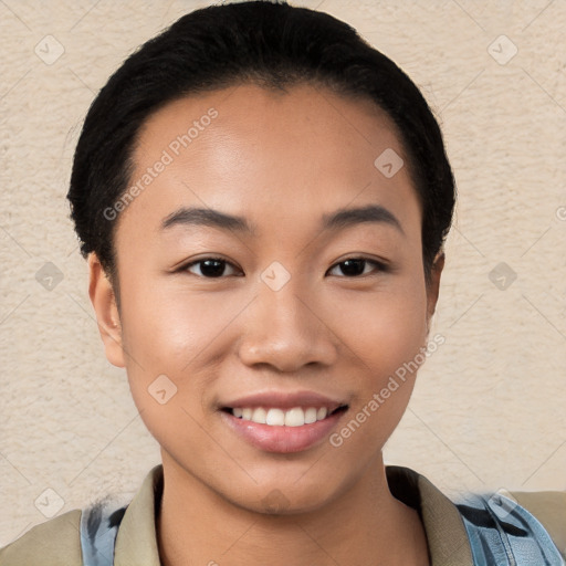 Joyful white young-adult female with short  black hair and brown eyes