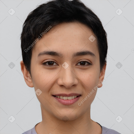 Joyful asian young-adult female with short  black hair and brown eyes