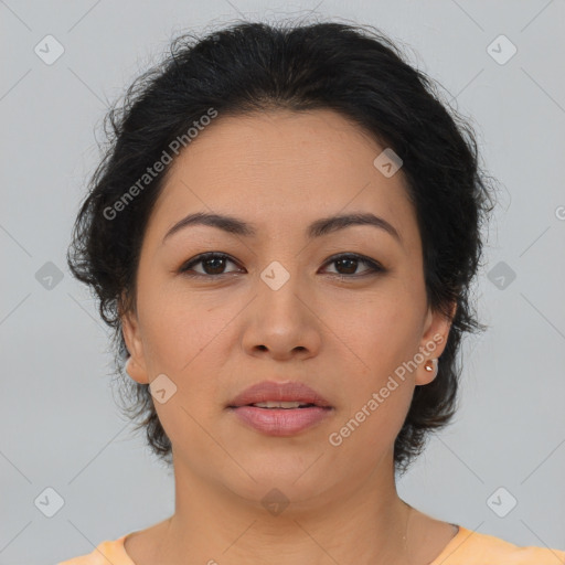 Neutral asian young-adult female with medium  brown hair and brown eyes