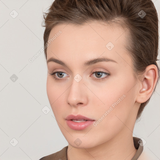 Neutral white young-adult female with short  brown hair and brown eyes