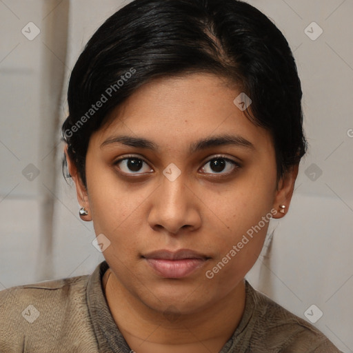 Neutral asian young-adult female with short  brown hair and brown eyes