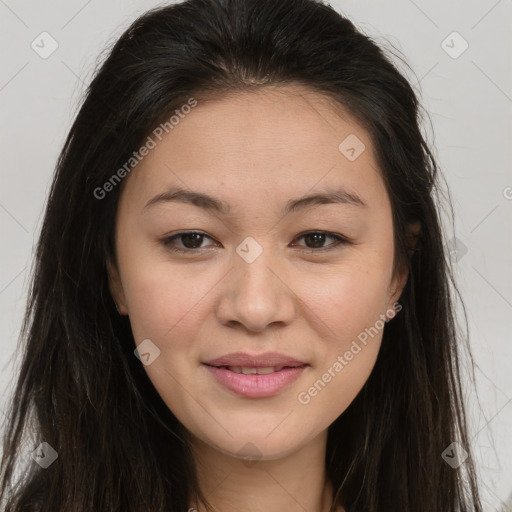 Joyful asian young-adult female with long  brown hair and brown eyes