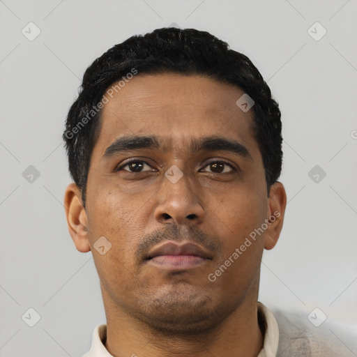 Neutral asian young-adult male with short  black hair and brown eyes