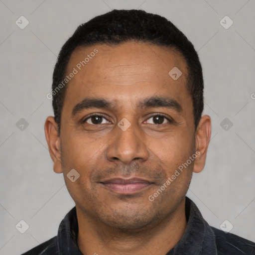 Neutral latino young-adult male with short  black hair and brown eyes