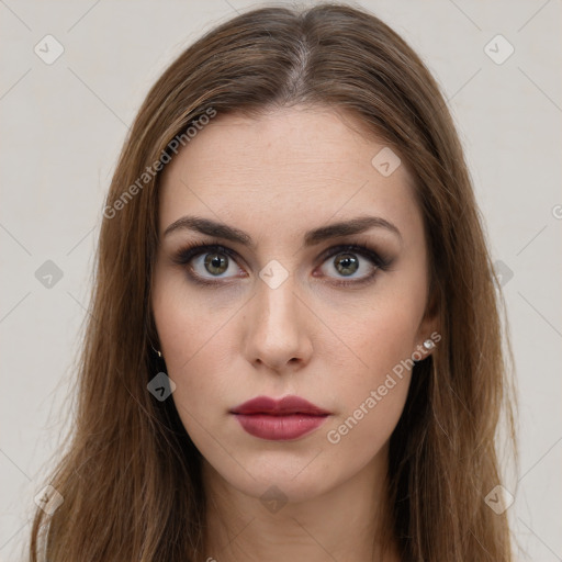 Neutral white young-adult female with long  brown hair and brown eyes