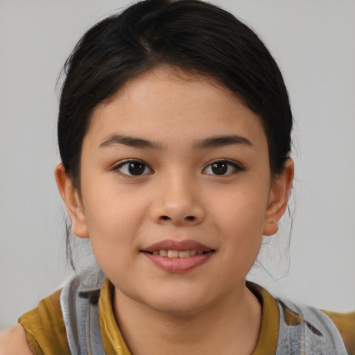 Joyful asian child female with medium  brown hair and brown eyes