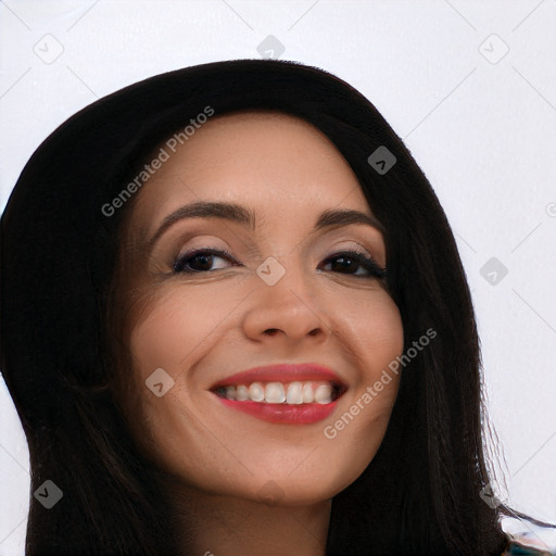 Joyful white young-adult female with long  black hair and brown eyes