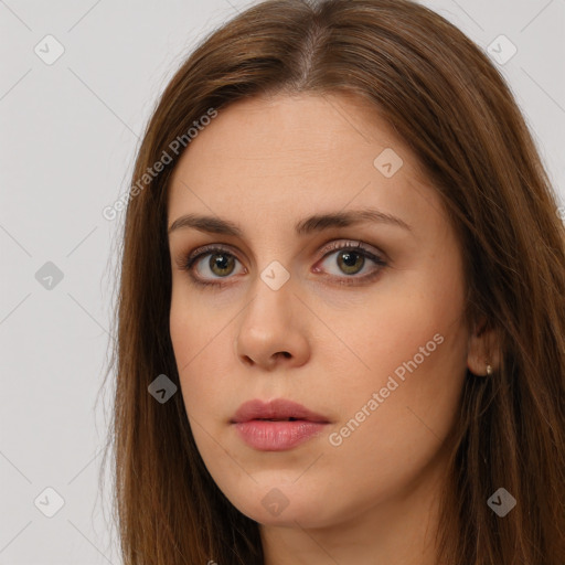 Neutral white young-adult female with long  brown hair and brown eyes