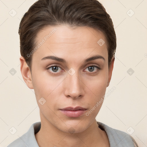 Neutral white young-adult female with short  brown hair and brown eyes