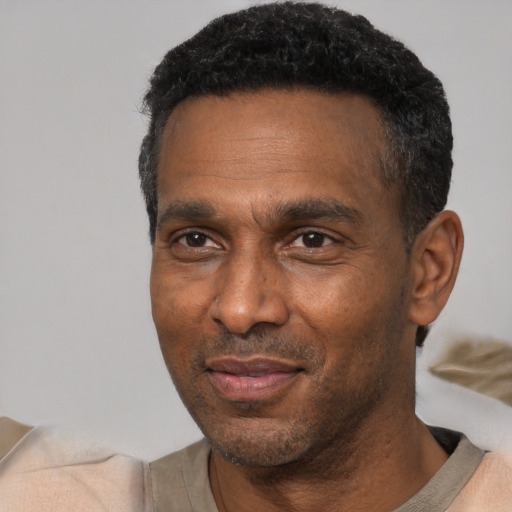 Neutral black adult male with short  black hair and brown eyes