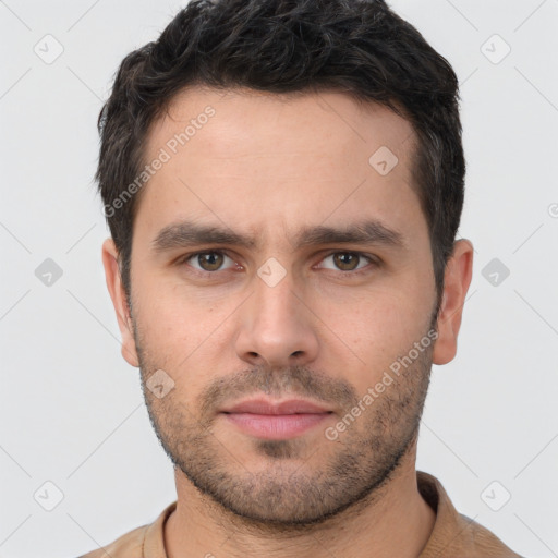 Neutral white young-adult male with short  brown hair and brown eyes