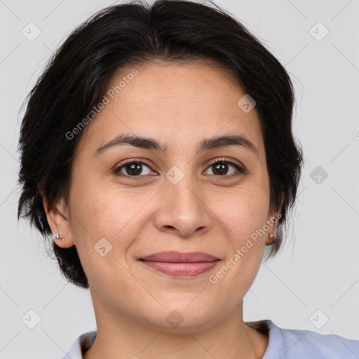 Joyful white adult female with medium  brown hair and brown eyes