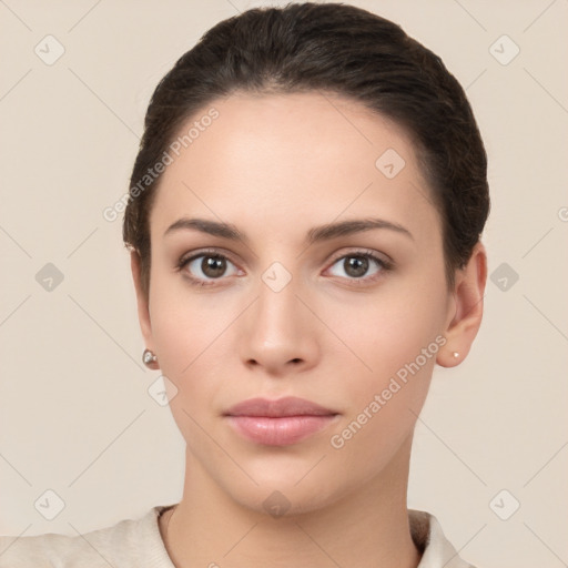 Neutral white young-adult female with short  brown hair and brown eyes