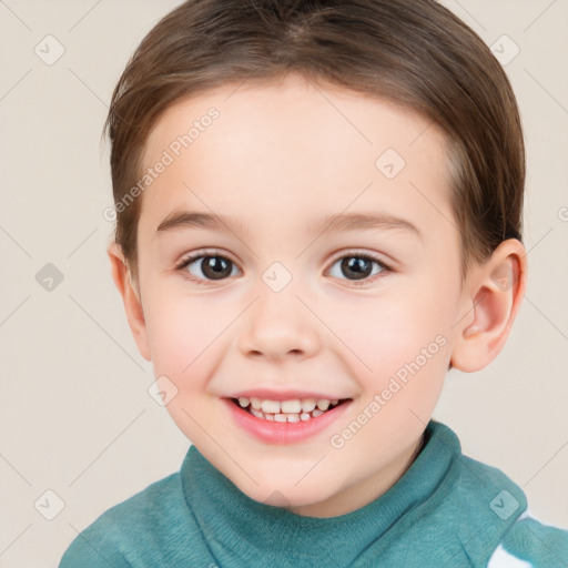 Joyful white child female with short  brown hair and brown eyes