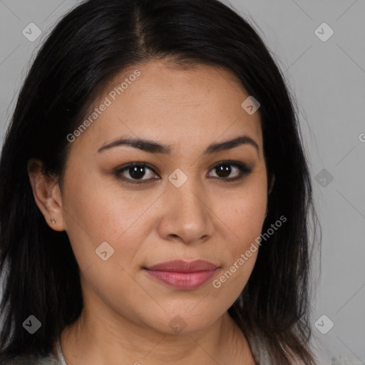 Joyful latino young-adult female with long  brown hair and brown eyes