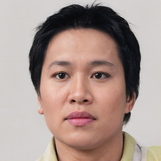 Neutral asian young-adult female with short  brown hair and brown eyes