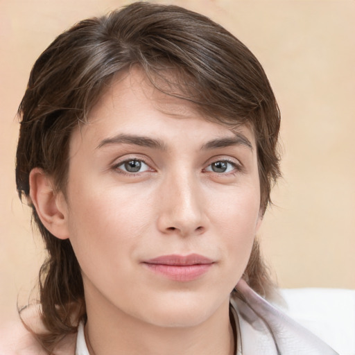 Neutral white young-adult female with medium  brown hair and grey eyes