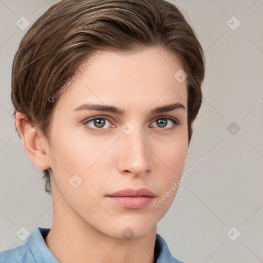 Neutral white young-adult female with medium  brown hair and grey eyes