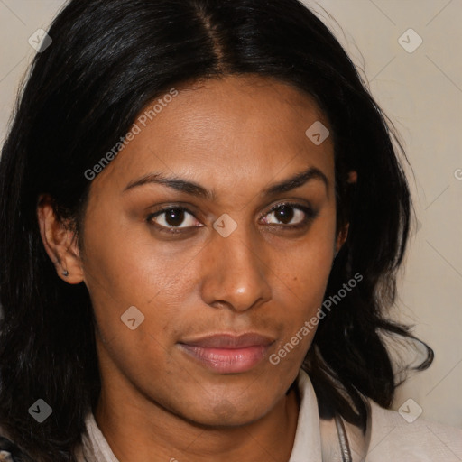 Neutral black young-adult female with medium  brown hair and brown eyes