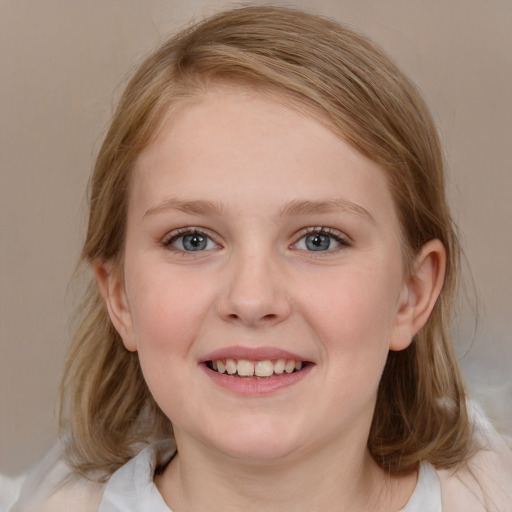 Joyful white child female with medium  brown hair and blue eyes