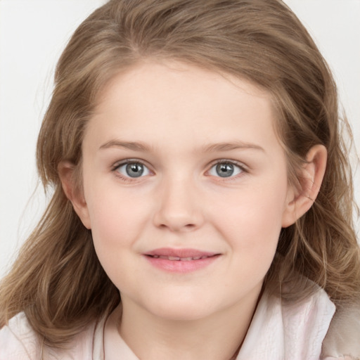 Joyful white child female with medium  brown hair and grey eyes