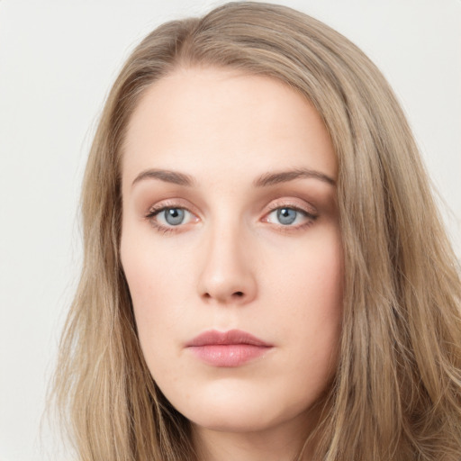 Neutral white young-adult female with long  brown hair and grey eyes