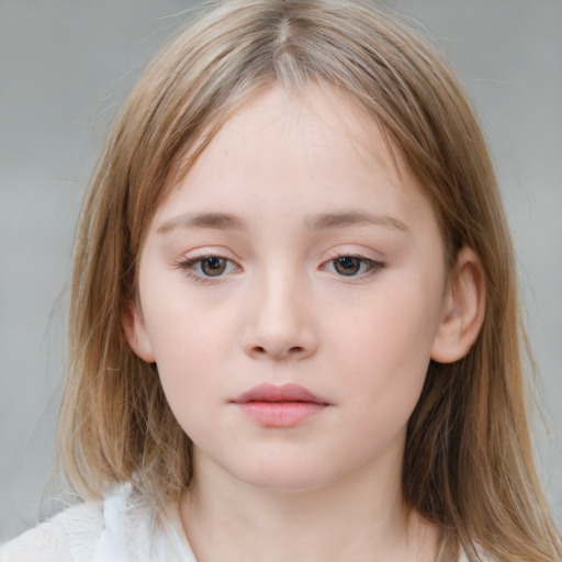 Neutral white child female with medium  brown hair and grey eyes