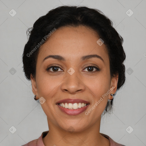 Joyful latino young-adult female with short  brown hair and brown eyes