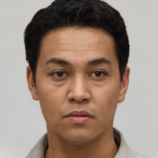 Neutral latino adult male with short  black hair and brown eyes