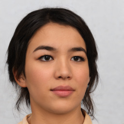 Neutral asian young-adult female with medium  brown hair and brown eyes