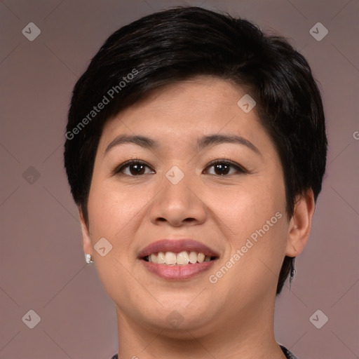 Joyful white young-adult female with short  brown hair and brown eyes