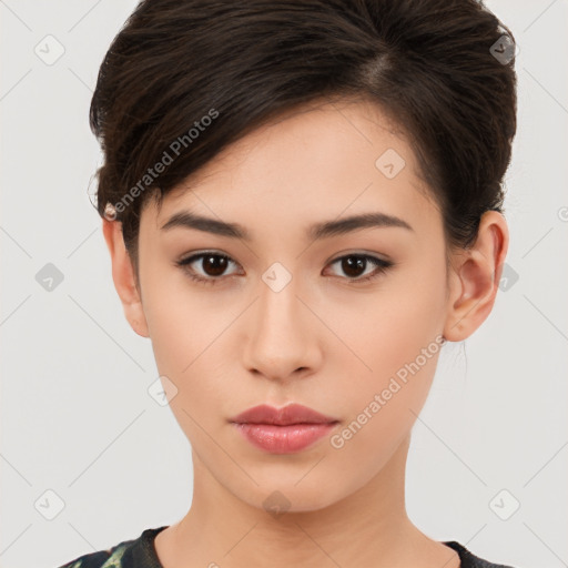 Neutral white young-adult female with short  brown hair and brown eyes