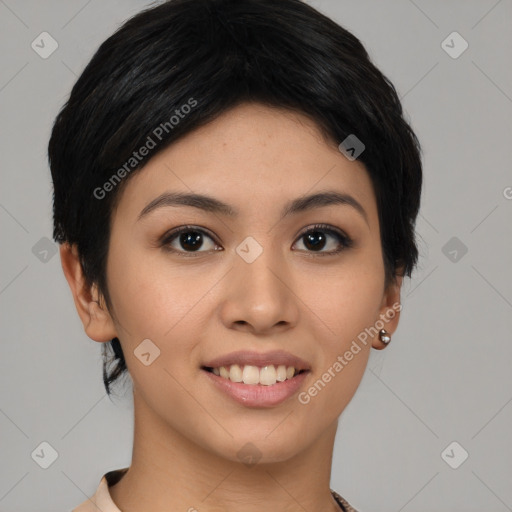 Joyful asian young-adult female with short  black hair and brown eyes