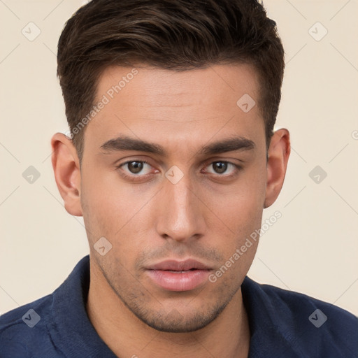 Neutral white young-adult male with short  brown hair and brown eyes